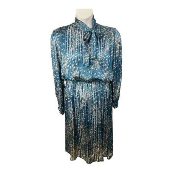 Vintage Francesca Of Damon For Starington Blue Floral Silk Blouson Dress Size16 - Picture 2 of 14